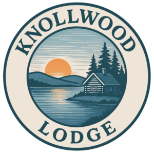 "Knollwood Lodge logo featuring a vintage lakeside scene with a cabin, pine trees, hills, and a sunset over Lake Hamilton in Hot Springs, Arkansas."
