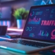 Computer displaying SEO analytics dashboard with CML Web Designs logo, representing website optimization and online visibility.
