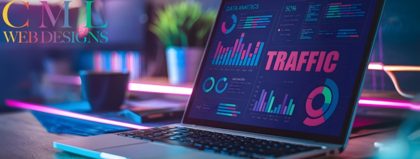 Computer displaying SEO analytics dashboard with CML Web Designs logo, representing website optimization and online visibility.